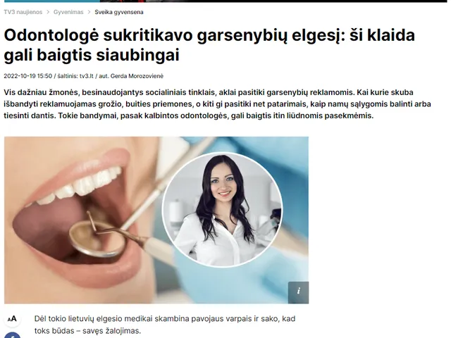 TV3.lt straipsnis „Odontologė sukritikavo garsenybių elgesį: ši klaida gali baigtis siaubingai"