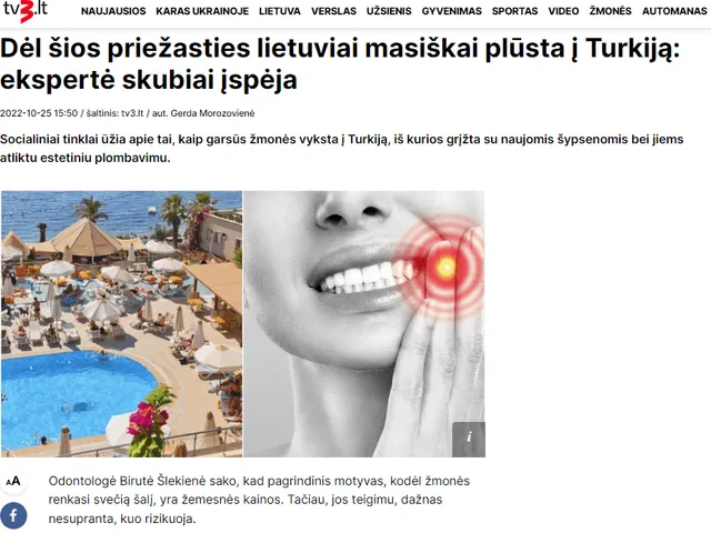TV3.lt straipsnis „Dėl šios priežasties lietuviai masiškai plūsta į Turkiją: ekspertė skubiai įspėja"